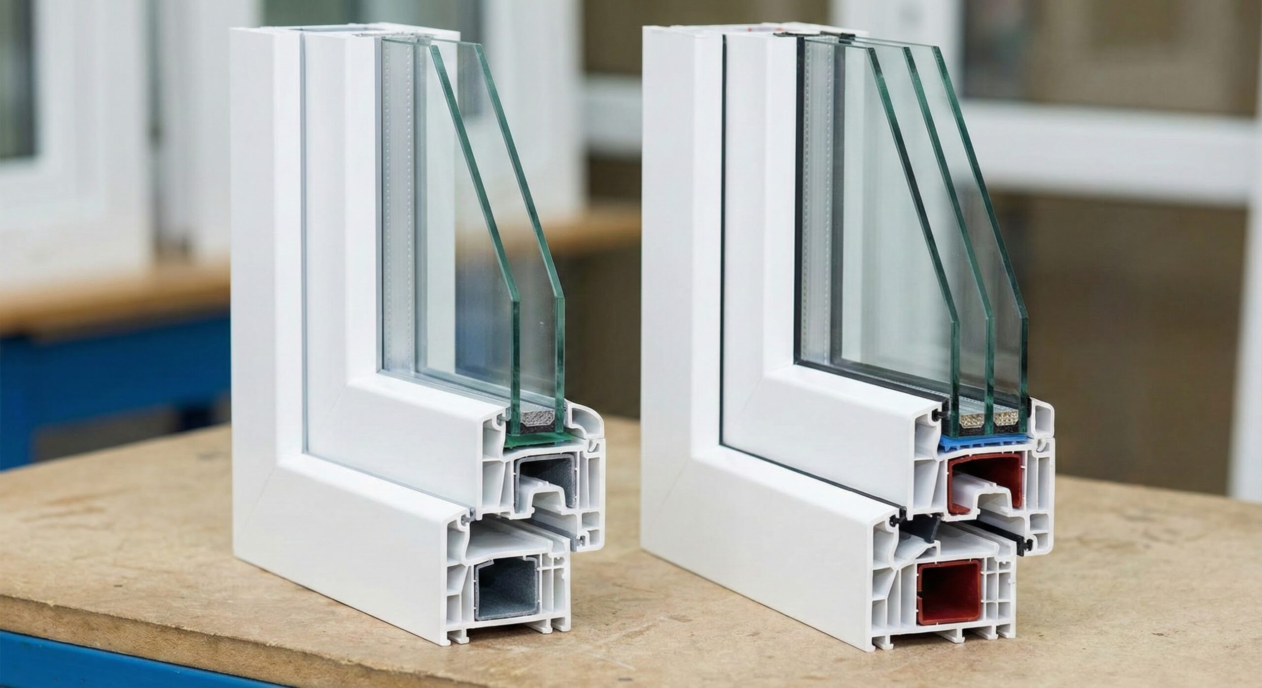 Querschnitt Vergleich: Links 2-fach Verglasung, rechts 3-fach Verglasung mit Dämmkammern