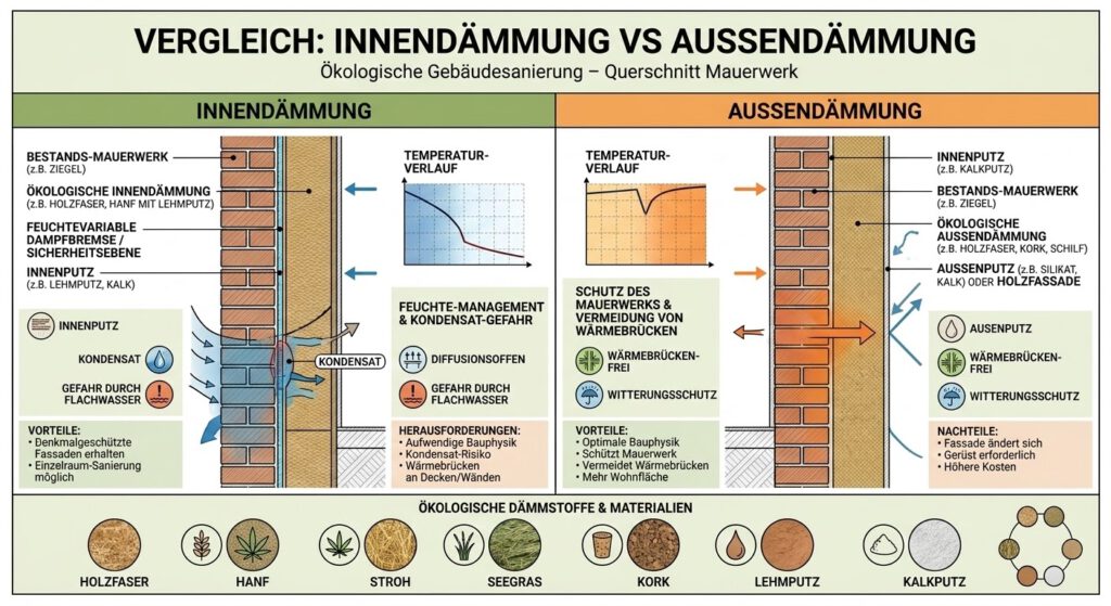 Grafik: Innendämmung vs Außendämmung bei ökologischer Gebäudesanierung – Querschnitt Mauerwerk