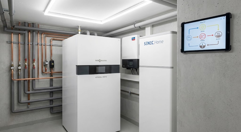 Moderne Sole-Wasser-Wärmepumpe mit Batteriespeicher und Wechselrichter im Heizungskeller