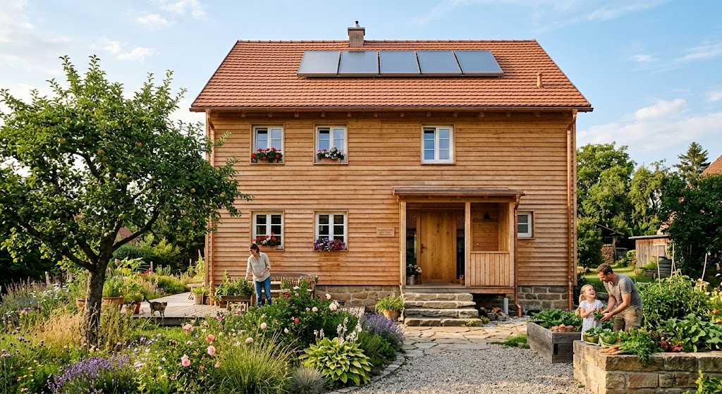 Ökologische Gebäudesanierung – gedämmtes Altbauhaus mit Holzfassade und Naturmaterialien