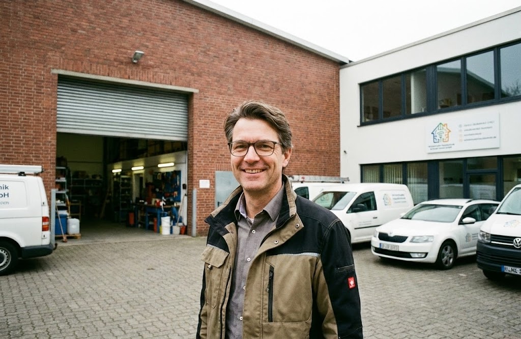 Betriebsgeländer Winterhuder Haustechnik & Smart Home GmbH – Moderne Haustechnik in Hamburg Winterhude mit dem Chef im Vordergrund und im Hintergrund das Lager mit Firmenwagen
