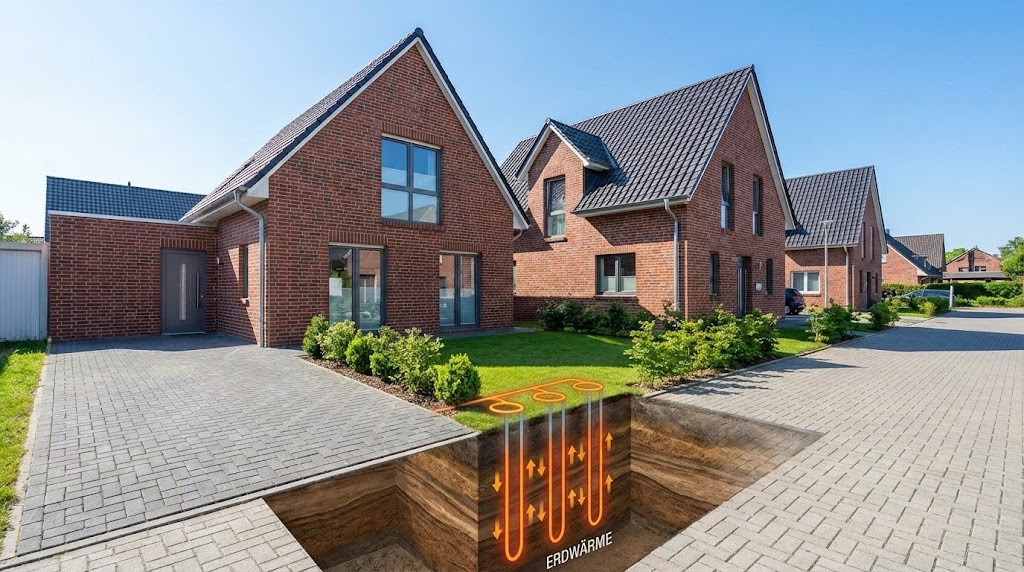 Reihenhaussiedlung in Norderstedt mit Erdwärme Schema