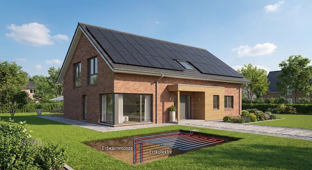 Modernes Einfamilienhaus in Buxtehude mit Erdwärme mit Photovoltaik Buxtehude mit schwarzen Solarmodulen auf dem Dach. Im gepflegten Vorgarten ist schematisch eine Erdwärmesonde oder ein Erdkollektor unter dem Rasen angedeutet