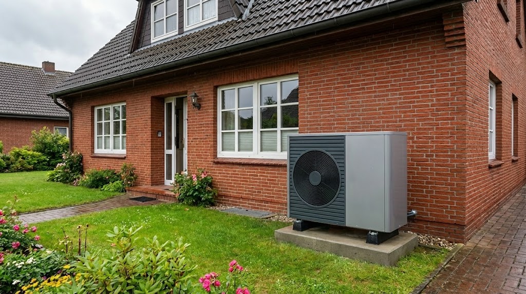 Moderne Wärmepumpe Außeneinheit vor einem typischen Rotklinker-Einfamilienhaus in Brunsbüttel Nord