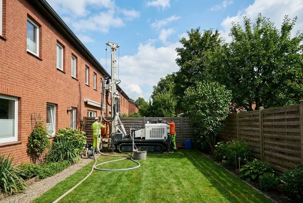 Erdwärme Norderstedt Bohrung im kleinen Reihenhaus-Garten