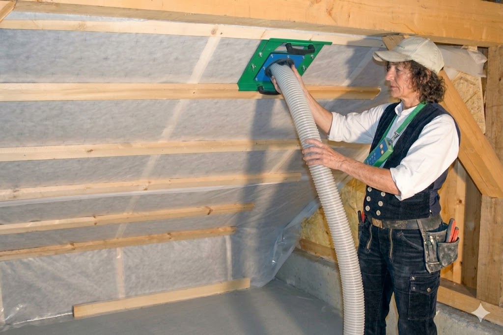 Zellulose Wärmedämmung Schleswig-Holstein - Handwerker bei der Einblasdämmung in einem norddeutschen Altbau