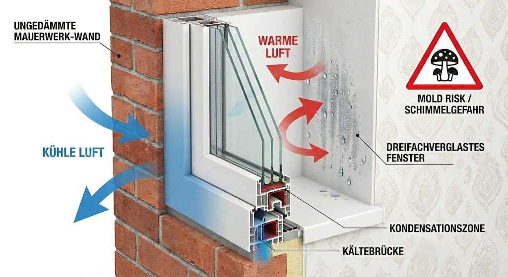 Welche Fenster für Altbau ohne Dämmung: Grafik der Isothermen-Verschiebung zeigt Kondenswasserbildung an der Wandlaibung statt an der Scheibe.