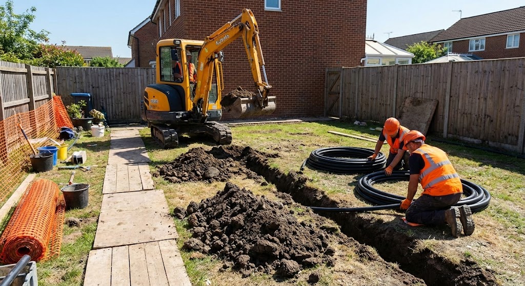 Wie groß muss ein Garten für Erdwärme sein? Baustelle mit Flächenkollektoren zeigt den realen Platzbedarf.