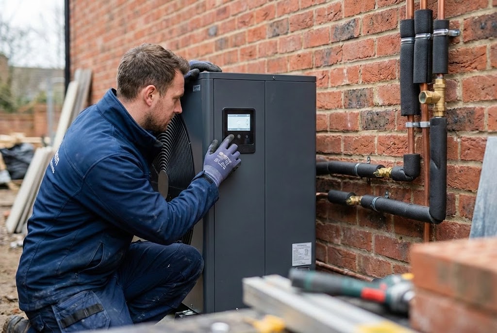 Fachgerecht installierte Wärmepumpe Heizung altes Haus im Außenbereich