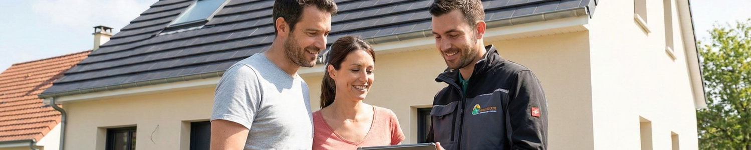 Energieberater erklärt einem Paar die Förderung für ein neues Dach 2026 und Photovoltaik auf dem Tablet vor einem modernen Eigenheim.