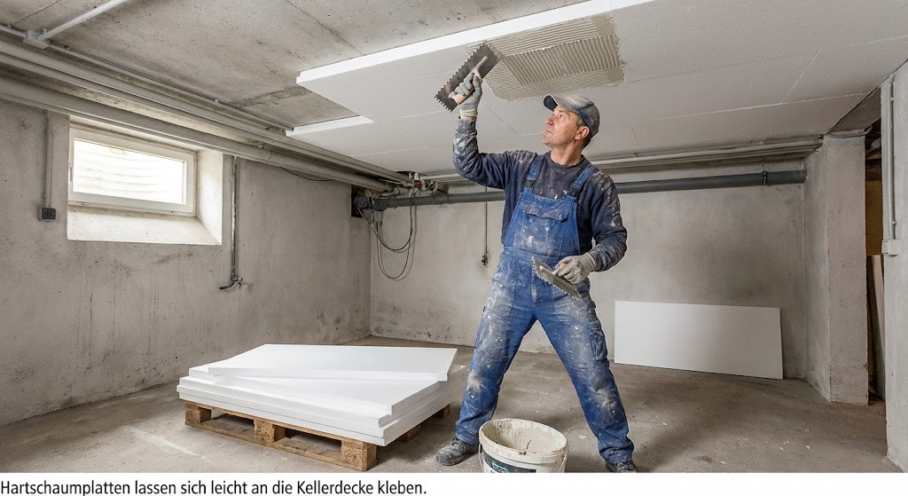 Handwerker klebt Hartschaumplatten an eine Kellerdecke