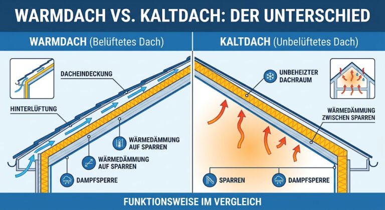 Warmdach oder Kaltdach? Unterschied, Aufbau & Bauphysik