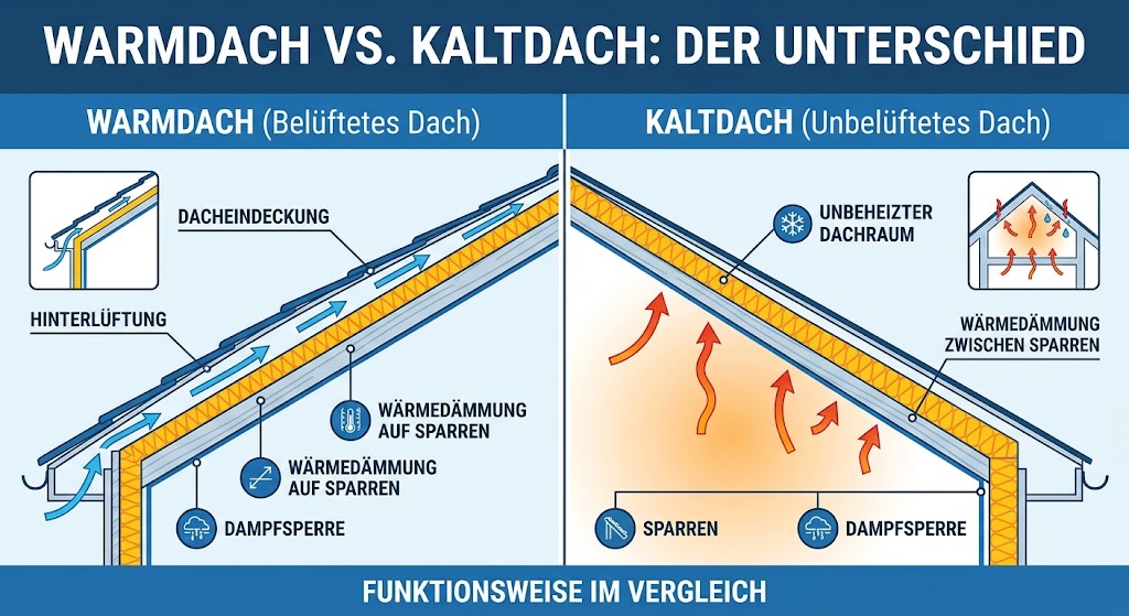 Grafik warmdach kaltdach unterschied