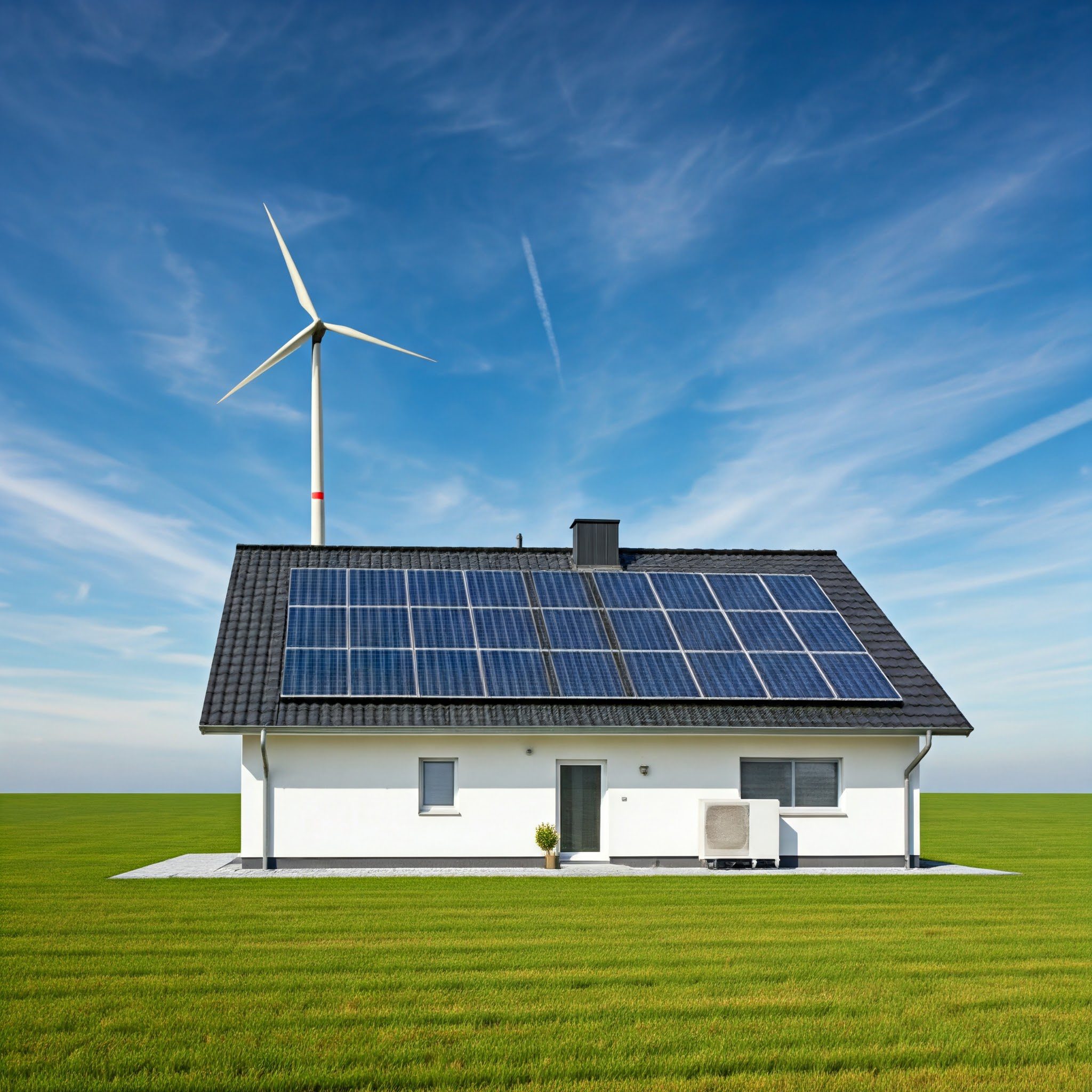 Haus mit Photovoltaik . Im Hintergrund ein Windrad