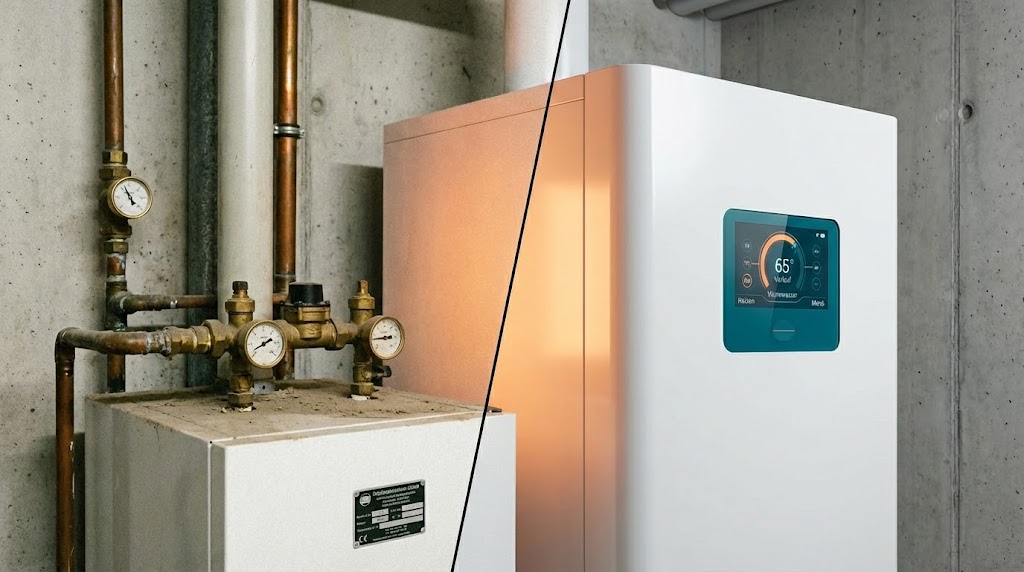 Vergleich: Alte Gasheizung vs. neue Wärmepumpe. Symbolbild für den Heizungstausch 2026 und GEG-Fristen