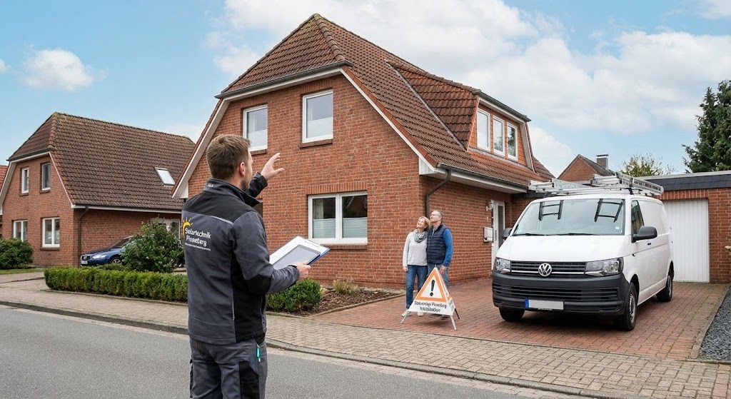 Solaranlage Pinneberg Installation: Handwerker plant PV-Anlage vor einem Einfamilienhaus.