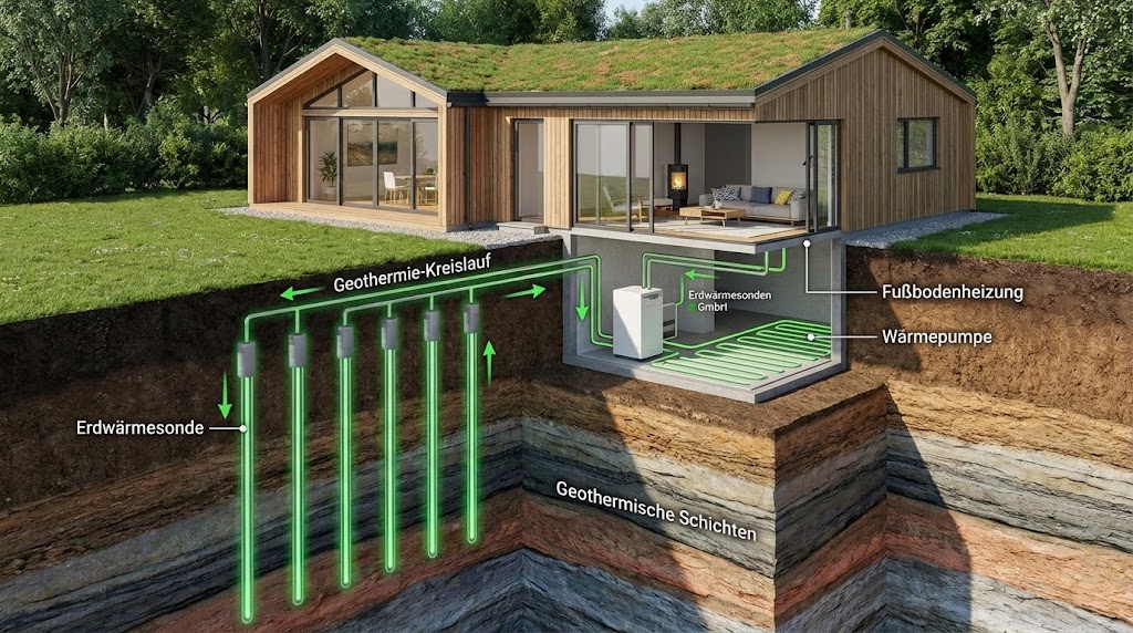 Funktionsweise einer Erdwärmepumpe mit Tiefensonde unter einem Einfamilienhaus