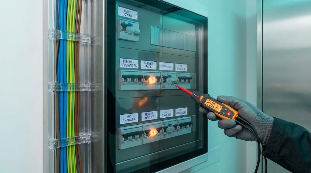 Moderner Zählerschrank mit Sicherungen und Messgerät, Symbolbild für Elektrosanierung im Altbau.