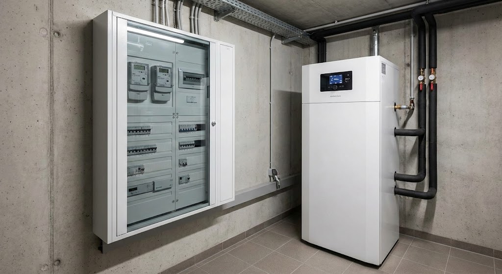 Foto eines modernen Zählerschranks für Wärmepumpe