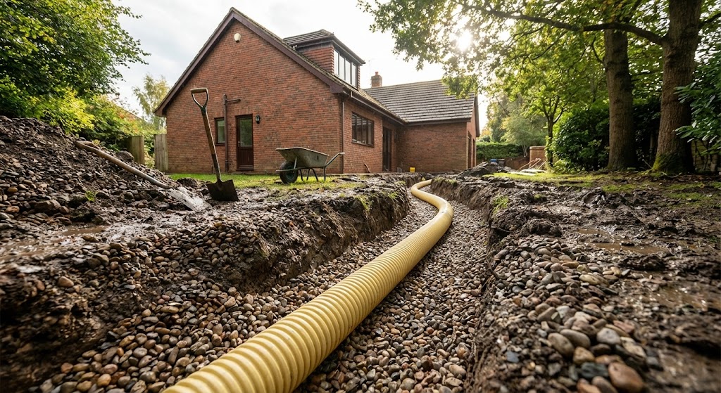 Gelbes Drainagerohr im Kiesbett verlegt zur Entwässerung des Gartenbodens