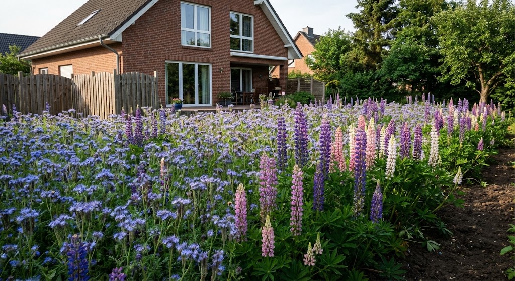 Phacelia und Lupine als Gründüngung auf dem Feld