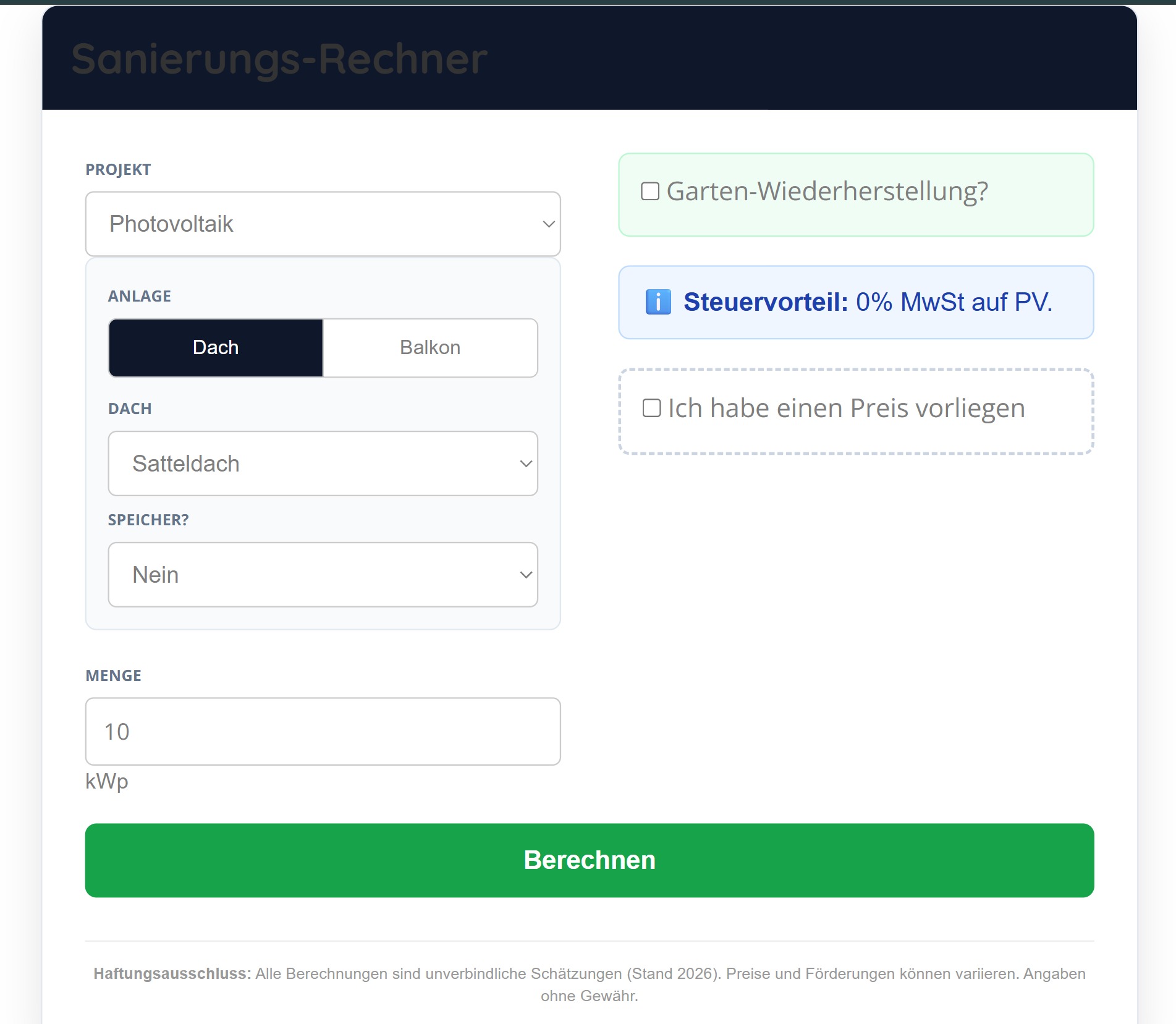 Sanierungsrechner für Heizung und Photovoltaik