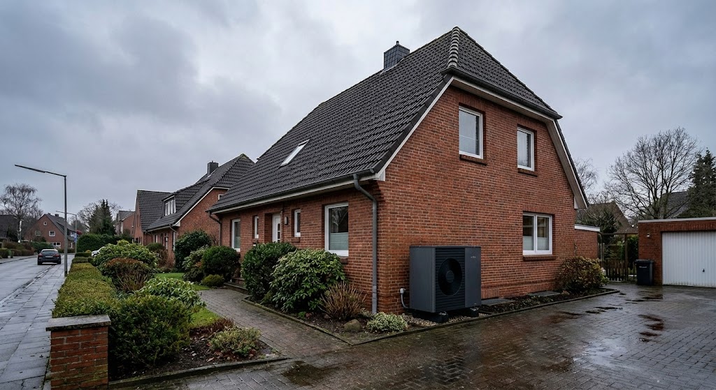 Wärmepumpe nachrüsten Hamburg Poppenbüttel vor Rotklinker Haus
