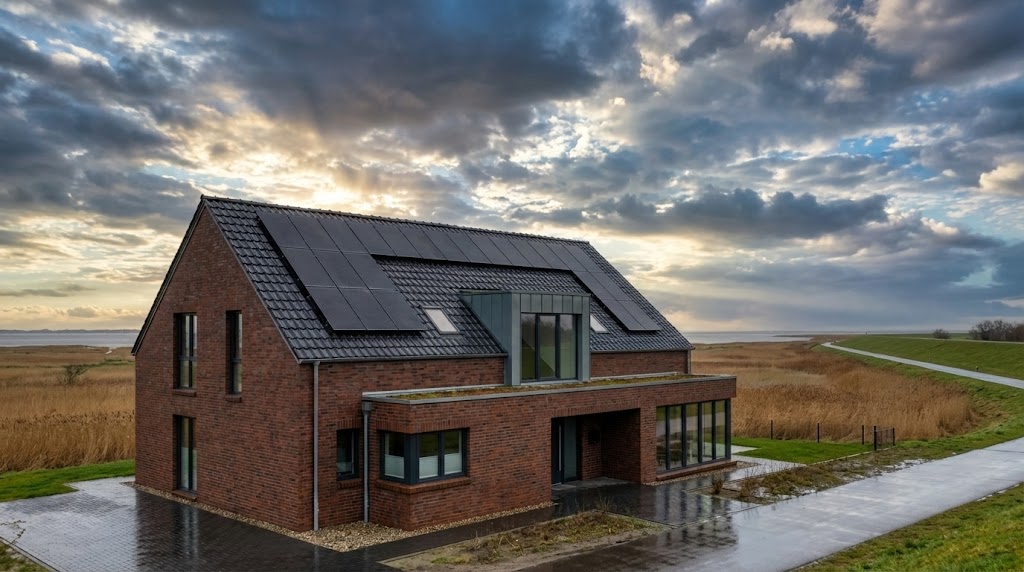 Photovoltaik-Anlage auf einem Klinkerhaus in Norddeutschland bei typischem Wetter.