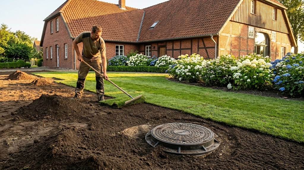 "Gartenarbeit nach Erdwärme-Installation: Landschaftsgärtner verlegt Rollrasen über Erdwärmesonden im norddeutschen Garten."