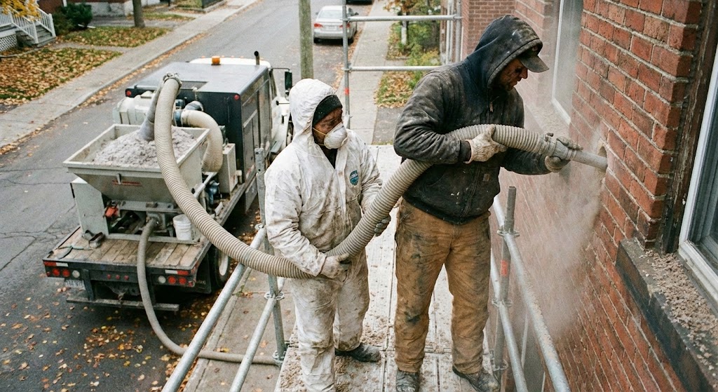 Handwerker bei Einblasdämmung zweischaliges Mauerwerk Norddeutschland
