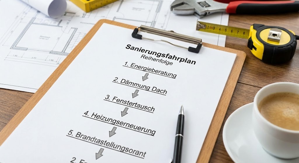 ein Block mit Hinweisen für die Einhaltung der Reihenfolge zur Einhaltung des Sanierungsfahrpan Schleswig-Holstein