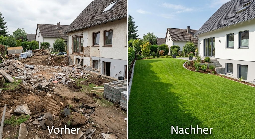 Vorher Nachher Bild eines Einfamilienhauses .Nachdem der Gartenboden neu angelegt wurde