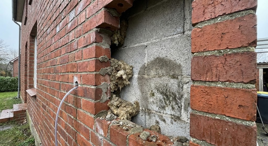 Durch Fehler bei der energetischen Sanierung im Mauerwerk zusammengesackte Einblasdämmung