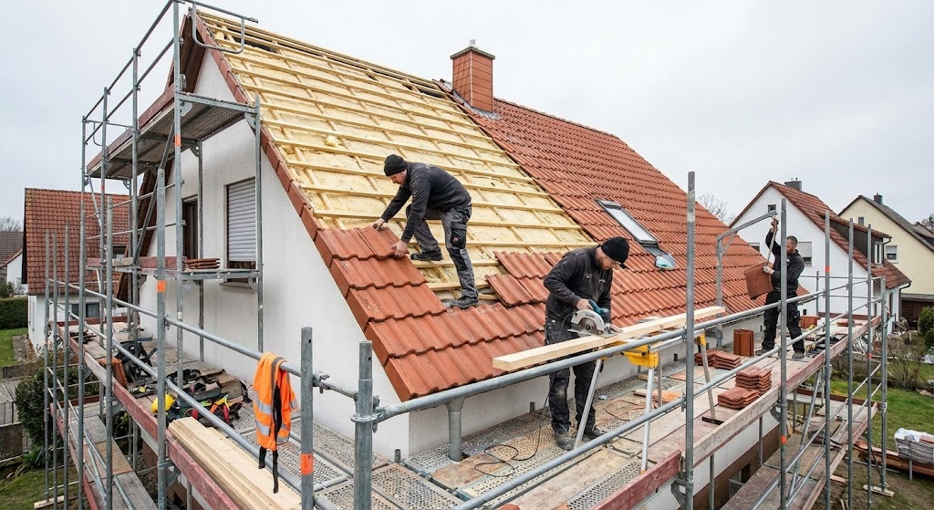 Handwerker auf dem Gerüst bei der Dachsanierung eines Einfamilienhauses
