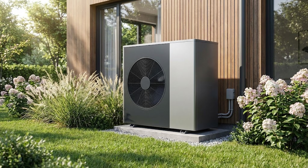 Moderne Luft-Wasser-Wärmepumpe Außeneinheit im Garten installiert