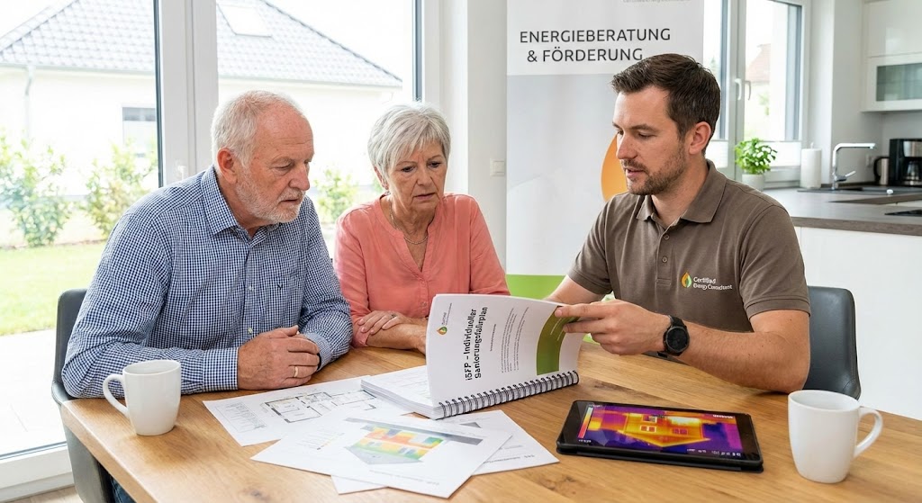 Ein Energieberater prüft bei einer Hausbegehung die Heizungsanlage für den Sanierungsfahrplan