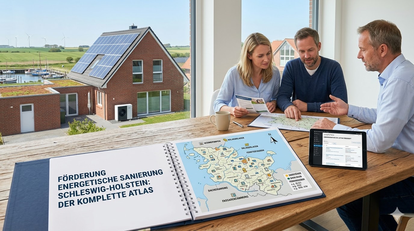 berater mit Familie am tisch. Erklärt die Förderung energetische Sanierung Schleswig-Holstein Der komplette Atlas