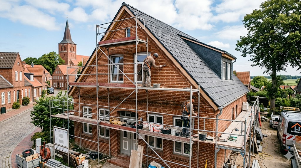 Ein typisch norddeutsches Backstein-Einfamilienhaus in Schleswig-Holstein während einer energetischen Sanierungsmaßnahme.
