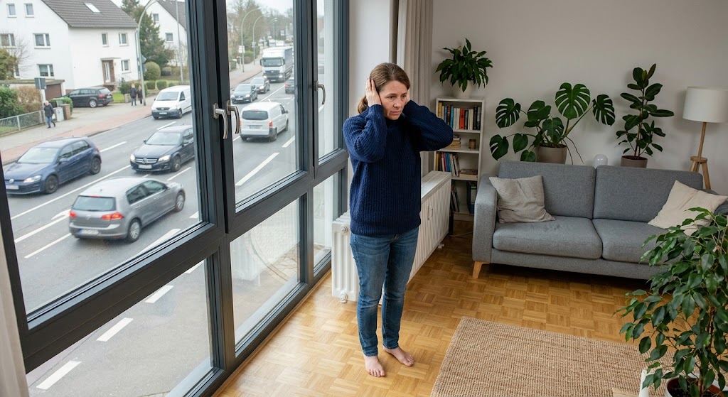 Detailansicht eines modernen Schallschutzfensters mit asymmetrischer Verglasung und dickem Rahmenprofil