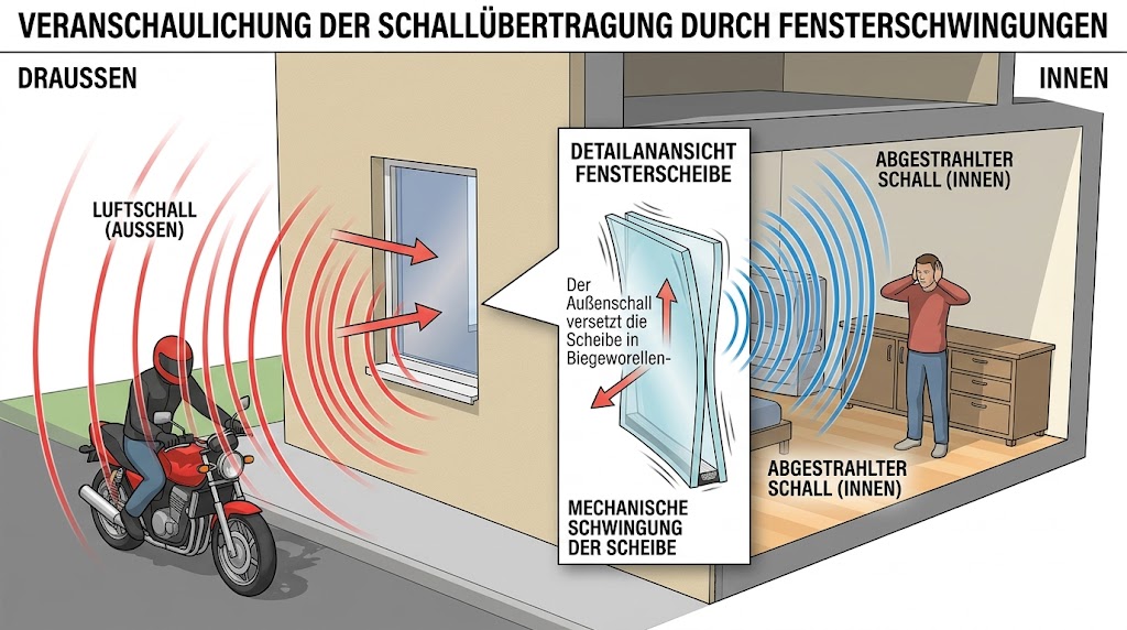 Grafische Darstellung: Schallwellen versetzen die Fensterscheibe in Schwingung und übertragen den Lärm in den Innenraum