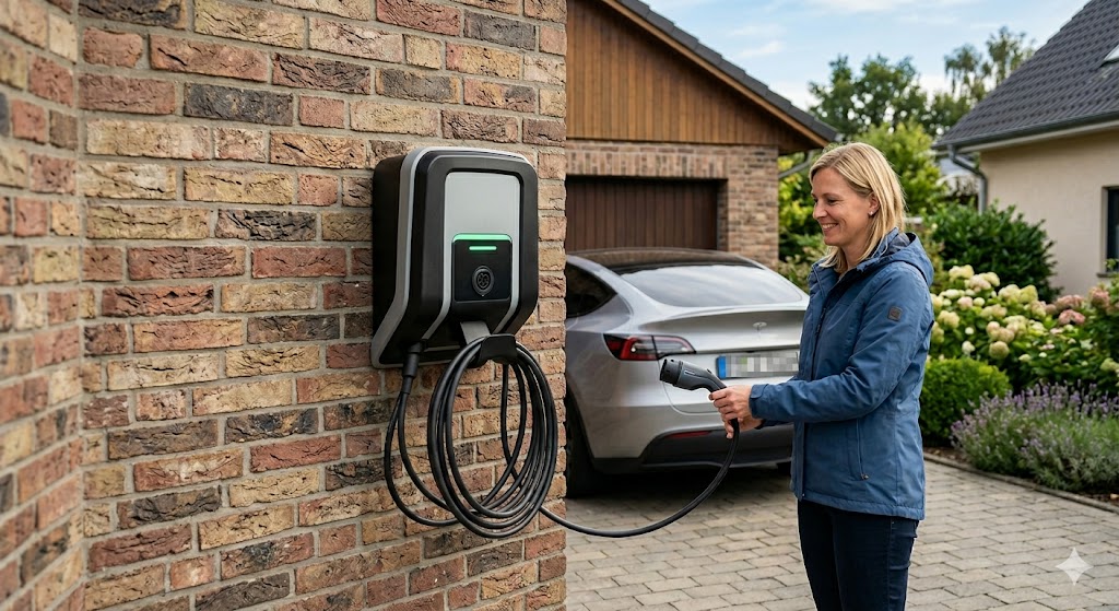 Eine moderne Wallbox an der Garagenwand, an die ein Elektroauto angeschlossen ist.