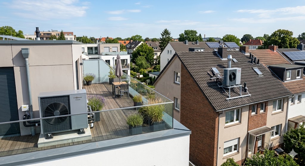 Bautechnische Montage einer Luft-Wasser-Wärmepumpe auf einem Flachdach