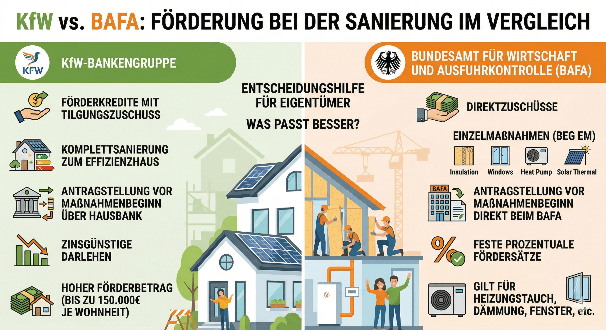 Grafische Darstellung des KfW BAFA Unterschieds bei Sanierungsmaßnahmen