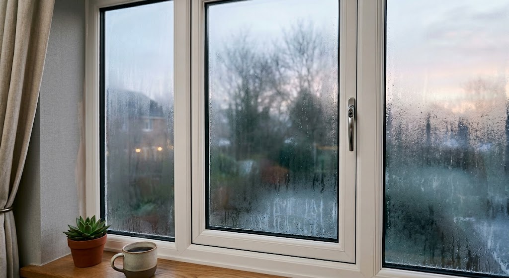 Beschlagene Fenster mit Pflanzen und Tasse
