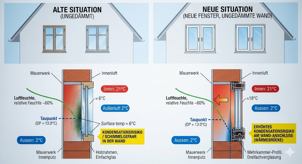 Grafik zur Taupunktverschiebung bei neuen Fenstern im ungedämmten Haus
