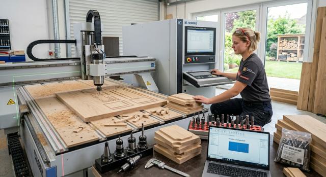 Tischler-Azubi bei der Arbeit an einer modernen CNC-Maschine in Schleswig-Holstein