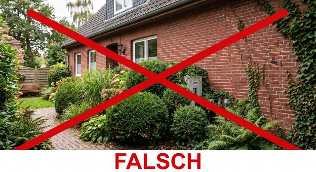 Typischer Fehler bei der Bepflanzung: Zugewachsene Wärmepumpe mit rotem Kreuz als Warnung vor blockierter Luftzufuhr