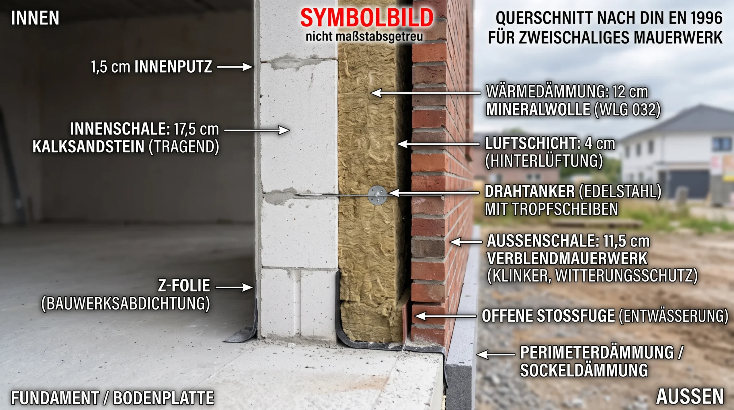 Querschnitt Kerndämmung zweischaliges Mauerwerk Schleswig-Holstein (Bild KI generiert)