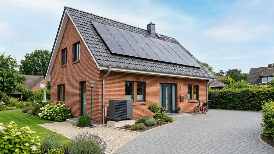Haussanierung Pinneberg: Energetisch saniertes norddeutsches Klinker-Einfamilienhaus mit neuem Dach, Photovoltaik, Wärmepumpe und gepflasterter Einfahrt
