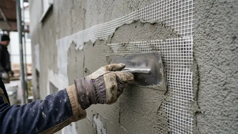 Putzrisse an der Fassade sanieren durch Einbetten von Glasfaser-Armierungsgewebe in Armierungsmörtel